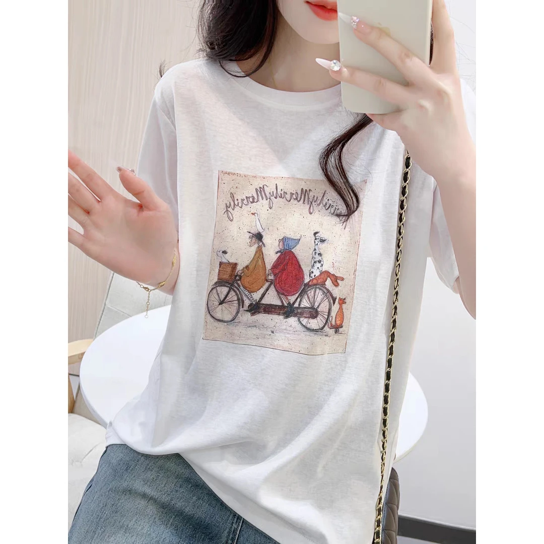 白色雪花棉圆领卡通印花减龄T恤女夏季正肩短袖气质薄款透气上衣