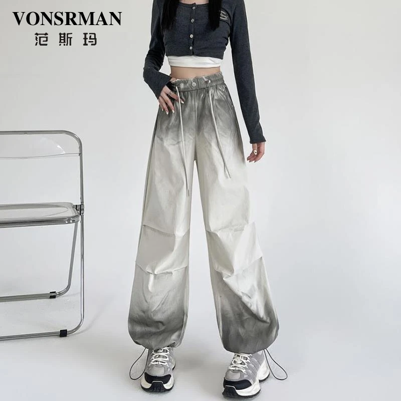 白色扎染渐变工装裤女春季新款高腰显瘦宽松可两穿束脚休闲运动裤