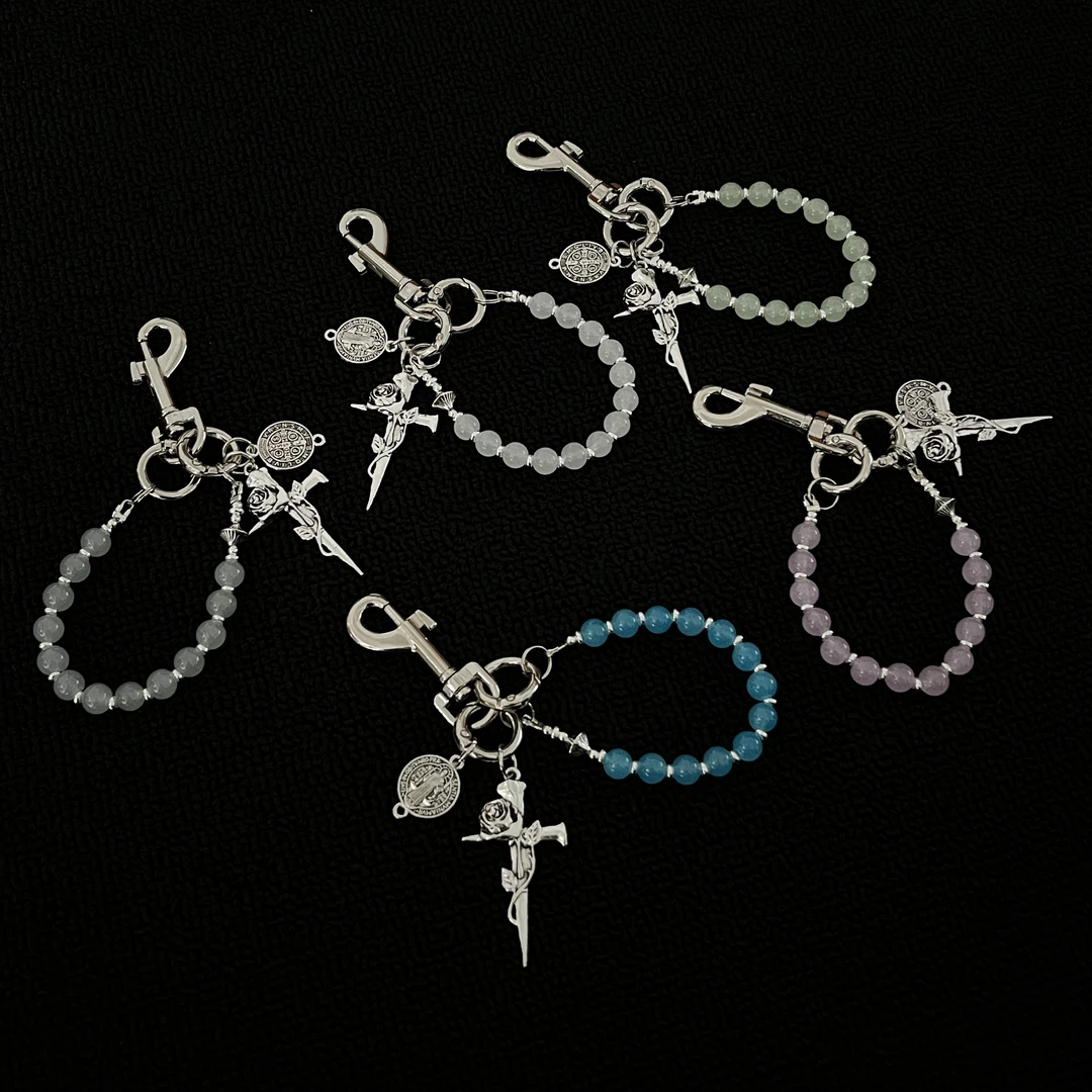 MS玉珠链玫瑰十字架cleanfit腰间挂饰vintage复古风高级钥匙扣