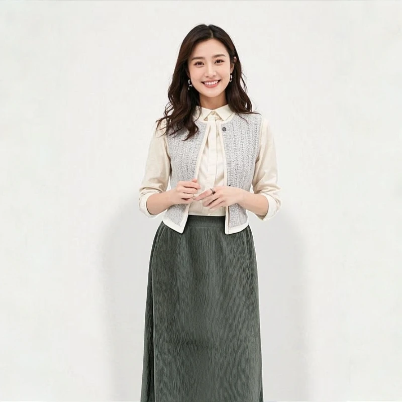 435#半裙中长款女装秋冬高腰深灰A字裙蕾丝半身裙