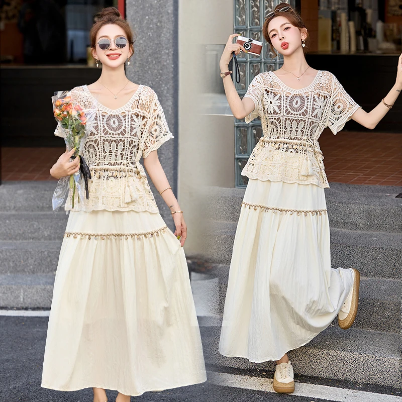 民族风时尚镂空短袖套装女2025夏季新款高级感复古文艺收腰两件套