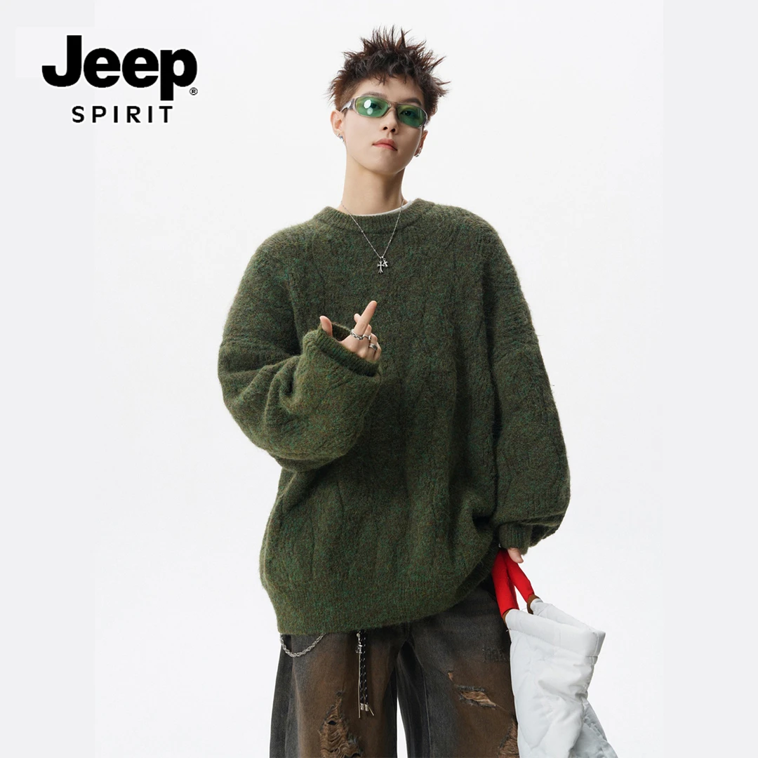 JEEPSPIRIT美式麻花针织衫男冬季重磅肌理感圆领毛衣宽侣打底衫