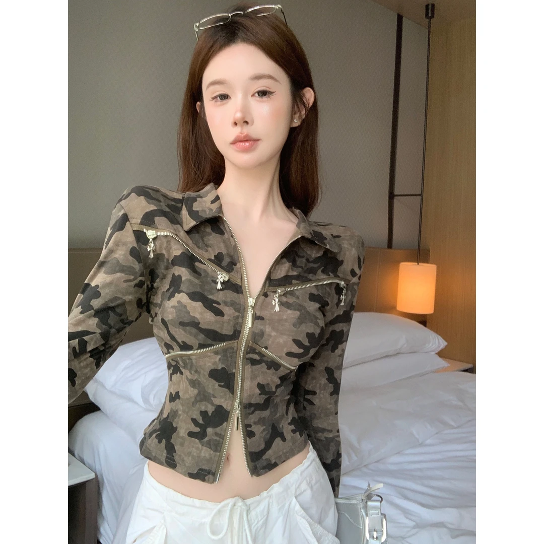 辣妹机车风重工双拉链迷彩修身短款T恤女设计感小众性感长袖上衣