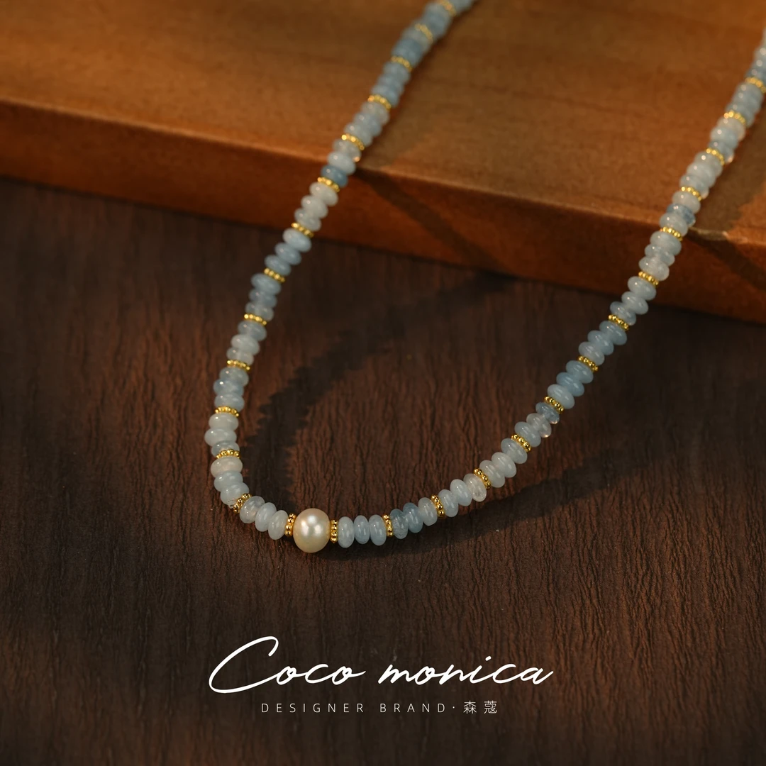 【小霞珠宝】海蓝宝蓝色水晶双圈手链古风小众简约设计师手串WA863