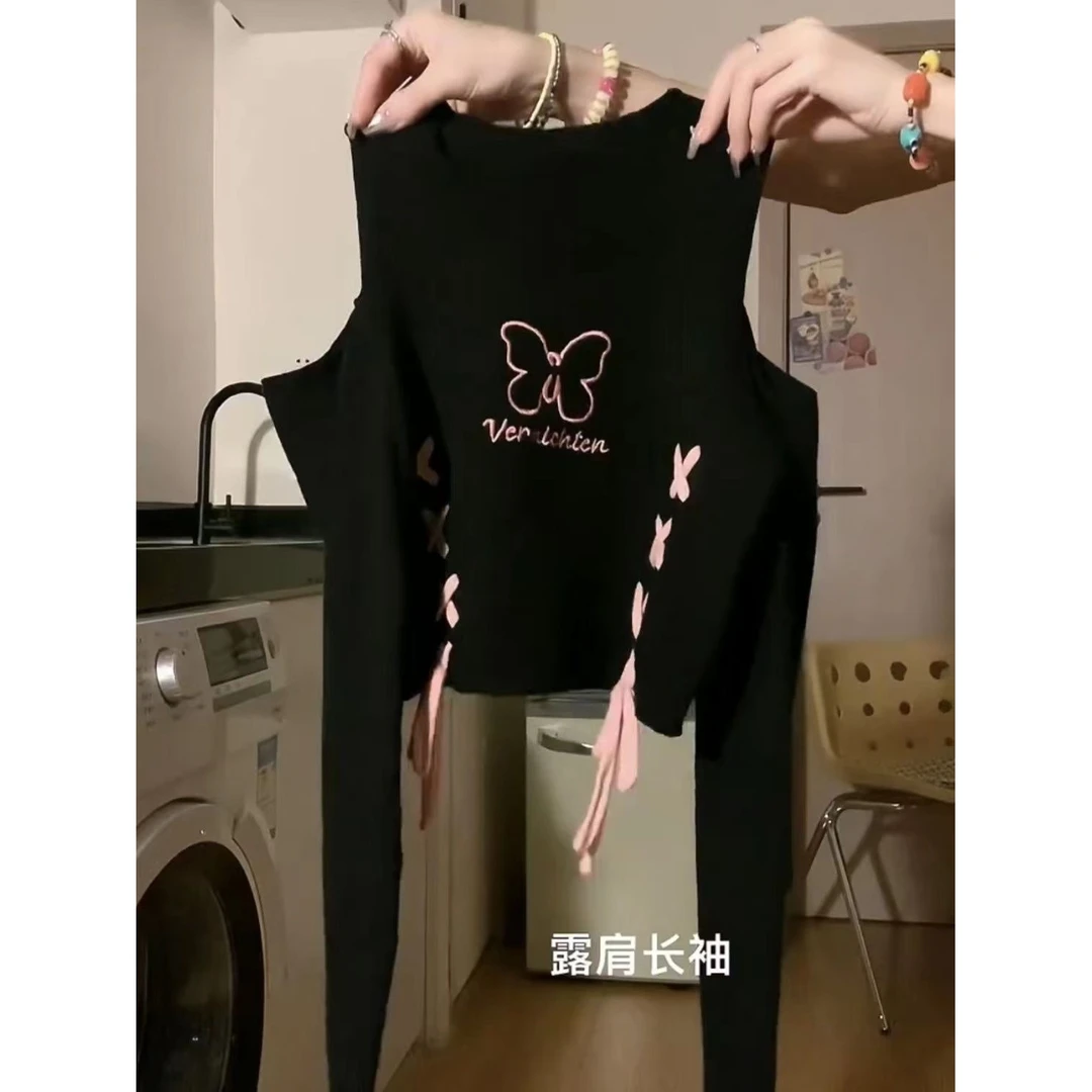 纯欲风露肩女短款上衣春秋季修身甜酷辣妹聚酯纤维速干长袖宽松型