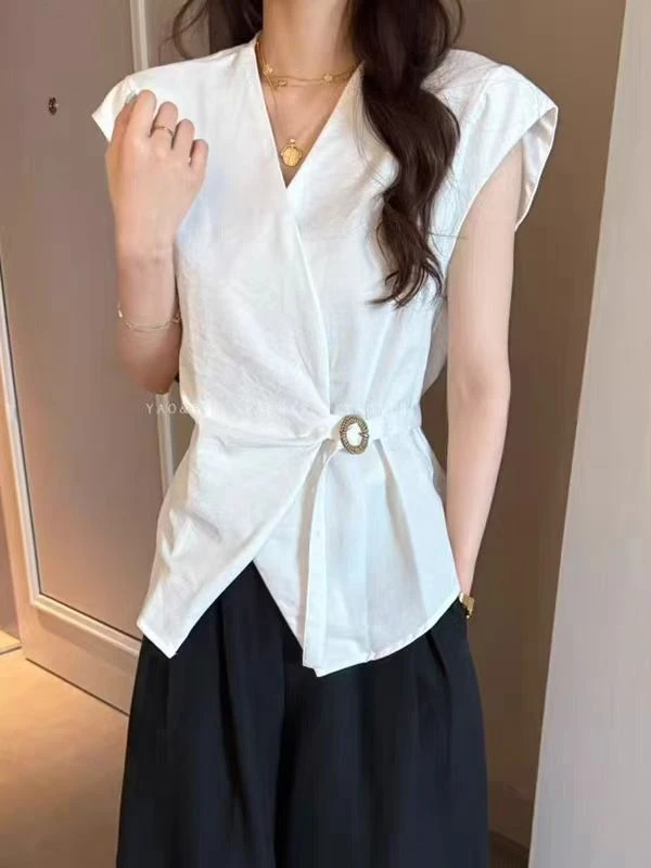 25075夏季常规袖V领韩版凉感女衬衫时尚百搭运动风抽绳