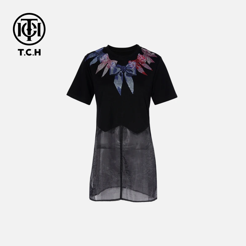 TCH私服烫钻工艺时尚休闲气质百搭蝴蝶结T恤女T75B10E5061轻奢tch