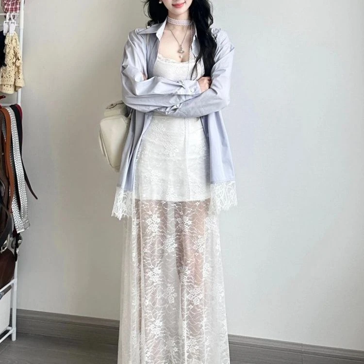 田园风明媚出游度假穿搭设计感蕾丝拼接衬衫小众蕾丝网纱吊带长裙