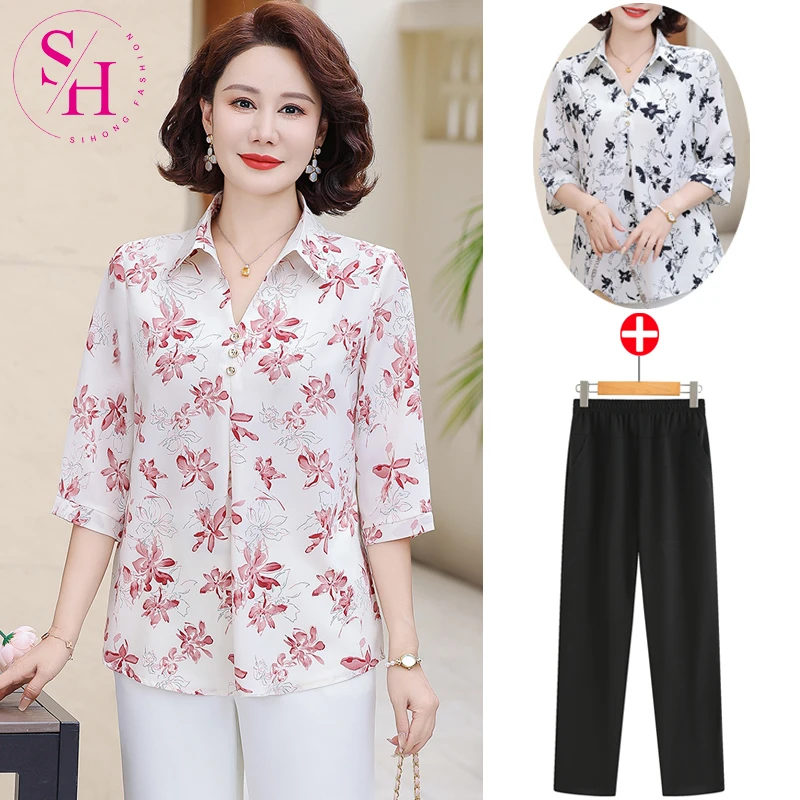 2025新品中老年妈妈夏装花色翻领雪纺衬衫50岁60中年女装夏季衬衣