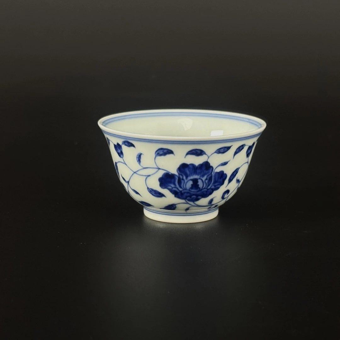 莹焰堂柴窑青花牡丹花卉纹小撇口杯  手工手绘复古人工主人杯陶瓷