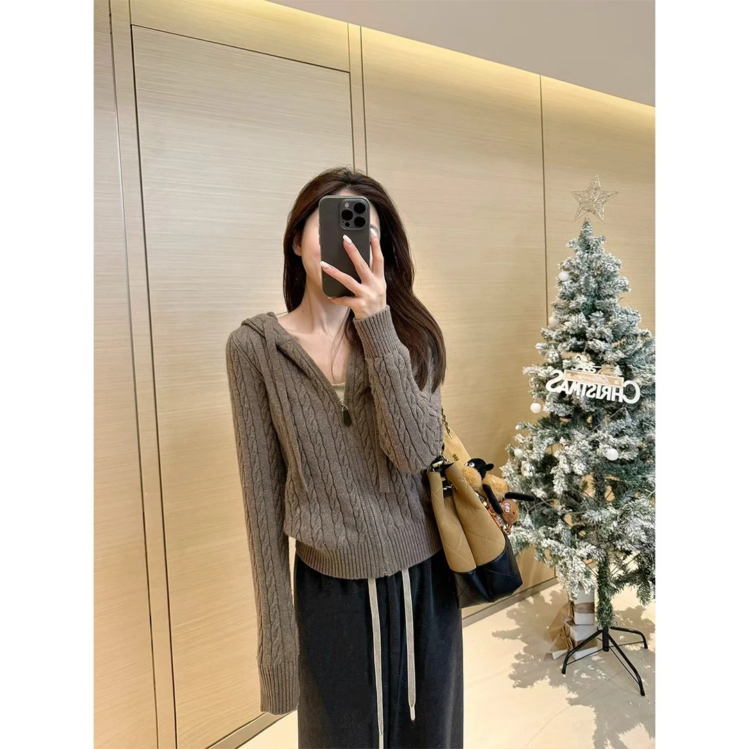 【麻花纹理感】连帽修身毛衣外套女针织衫开衫显瘦加厚女上衣K2-63