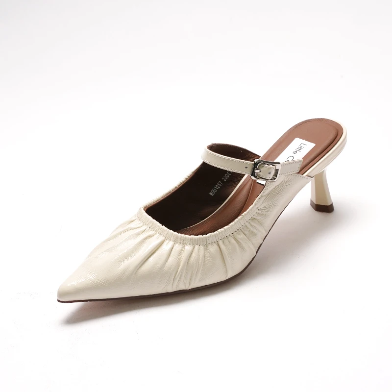 高跟细跟包头拖法式尖头中跟凉拖舒适气质半拖白色杏色方头