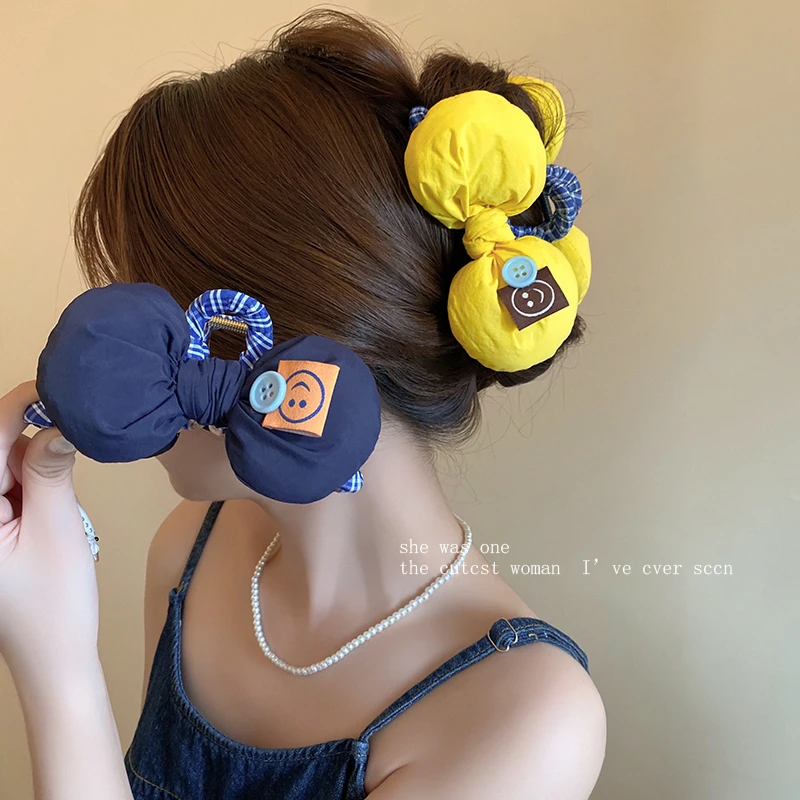 韩国超软可爱充棉蝴蝶结笑脸布标鲨鱼夹AB面纽扣后脑勺盘发抓夹子