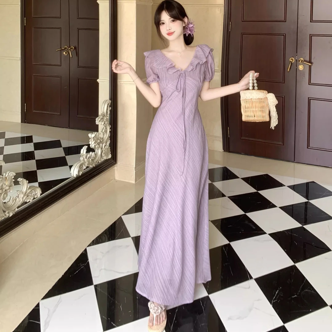 夏季新款大码温柔风连衣裙荷叶边V领泡泡袖显瘦法式收腰连衣裙