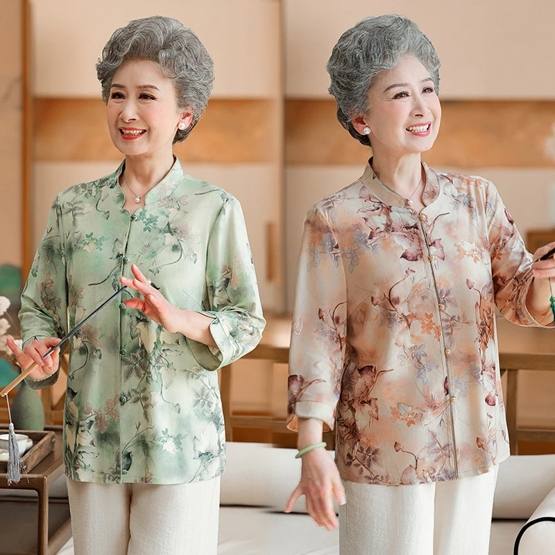 奶奶夏装衬衫2025新款妈妈春夏款衬衣中老年人洋气上衣女老人衣服