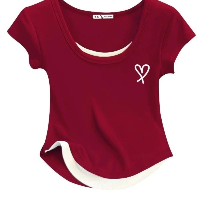 40支1*1纯棉210g 92棉/8氨纶U领短袖t恤女夏季假两件印花上衣显瘦