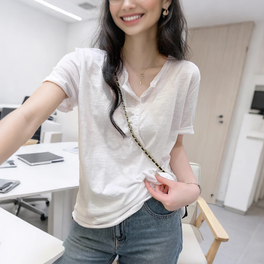 竹节棉宽松百搭短袖T恤女夏季新款慵懒风正肩卷边设计感休闲上衣