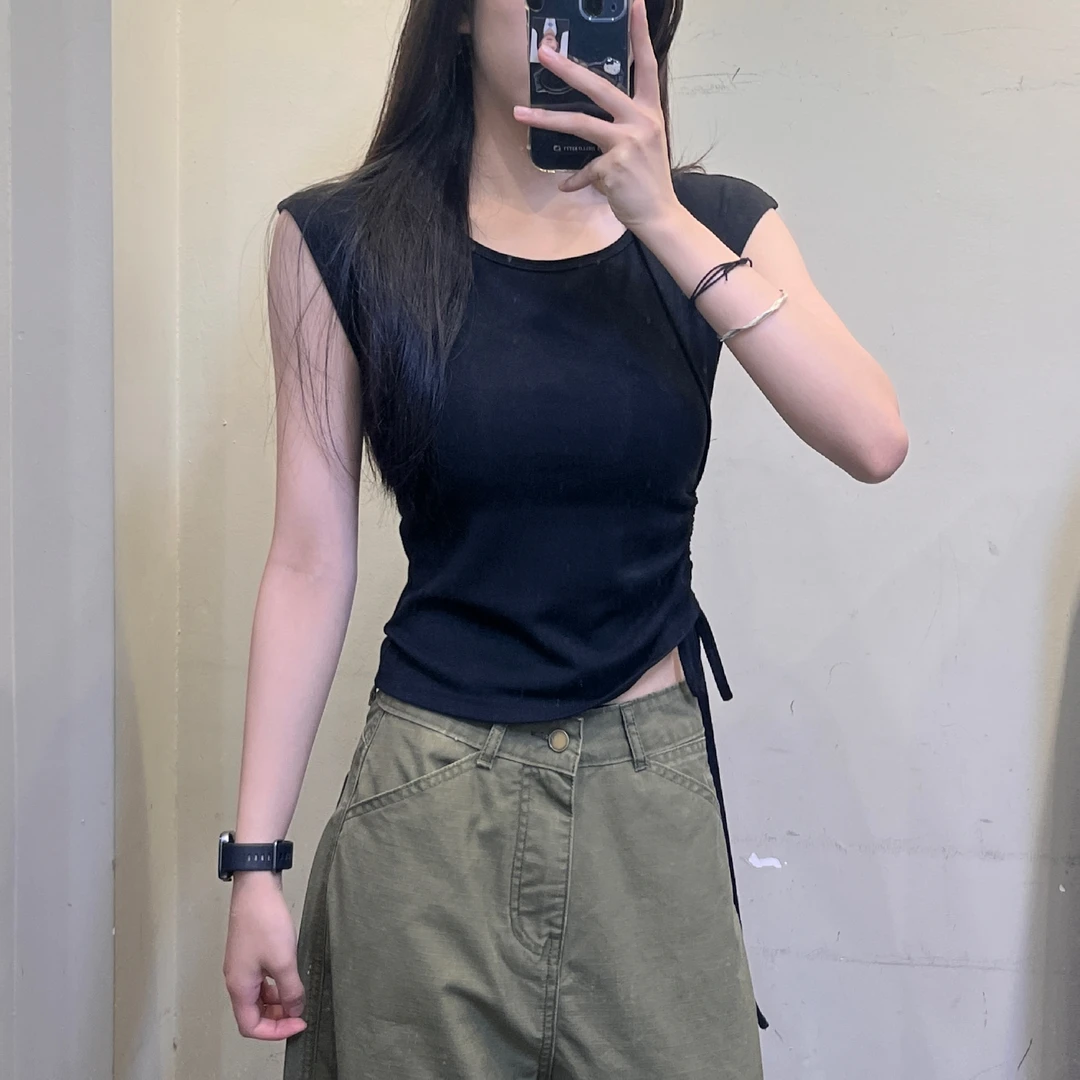 范范与凡凡【单边抽绳】夏季新款纯色设计感圆领百搭显瘦T恤上衣