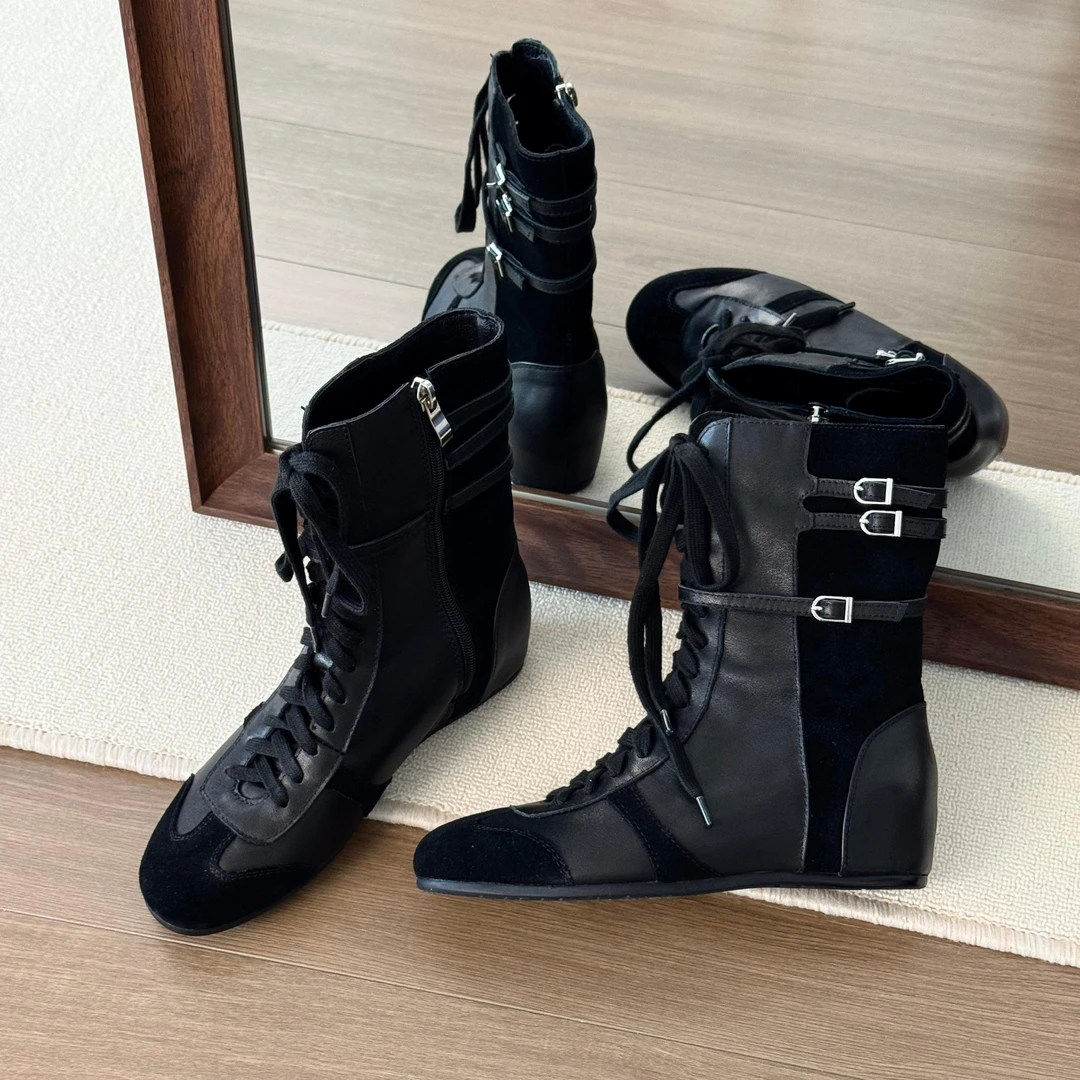 HUSSLOVE 头层牛皮+牛反皮·跟高4CM·时尚大牌磨砂皮内增高拳击靴