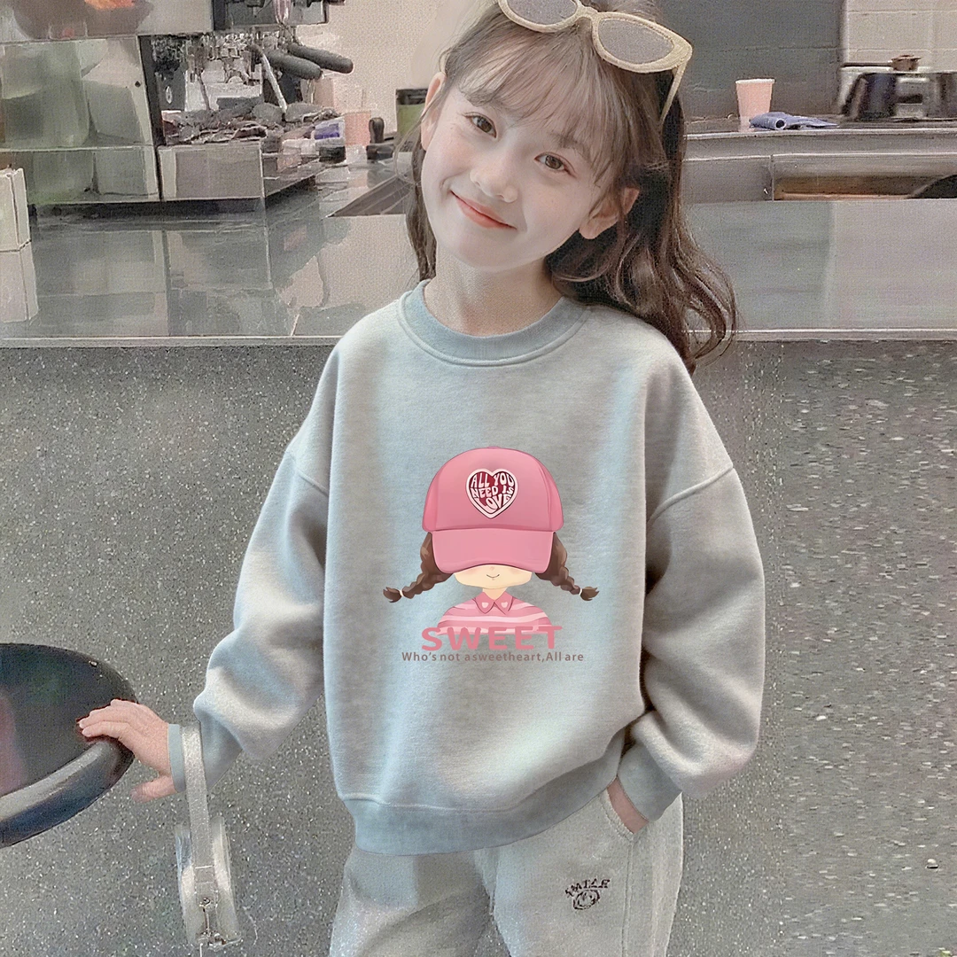 女童卫衣2025春秋新款时髦洋气冬装中大儿童加绒百搭圆领上衣潮牌