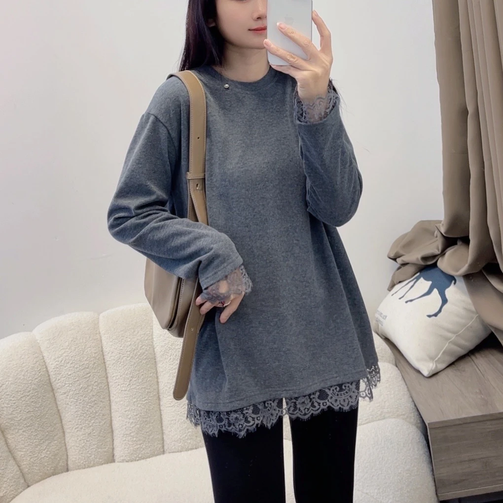 蕾丝花边拼接长袖T恤女春秋季新款宽松显瘦中长款打底衫DYY2552