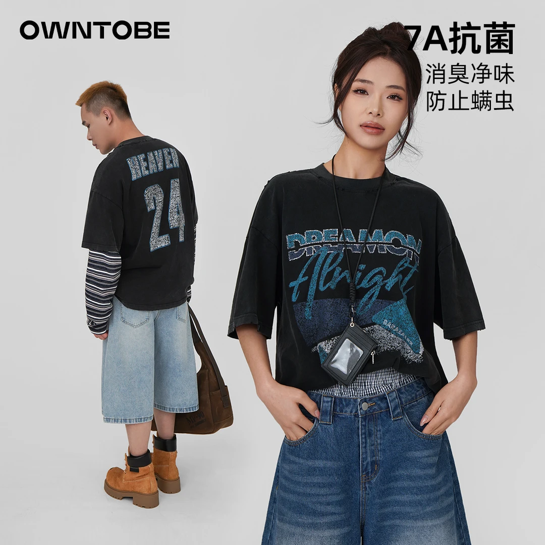 美式复古宽松做旧水洗T恤男女夏季街头英文印花纯棉抗菌圆领短袖