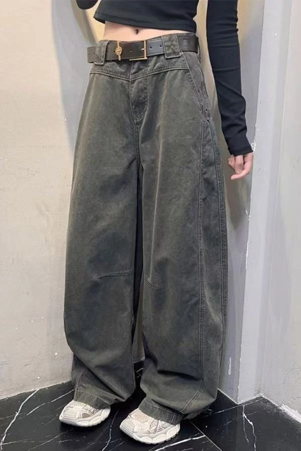 【新款+运费险】美式军绿弯刀工装牛仔裤女秋季显瘦直筒阔腿拖地裤