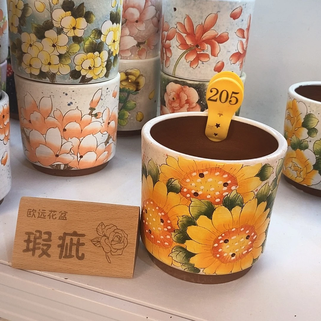 紫砂花盆红陶手绘花盆