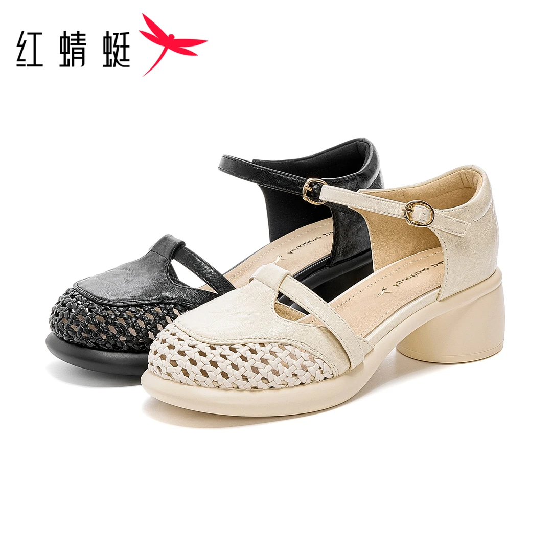 红蜻蜓女式时尚休闲百搭夏季舒适软底镂空高跟英伦风一字带凉鞋