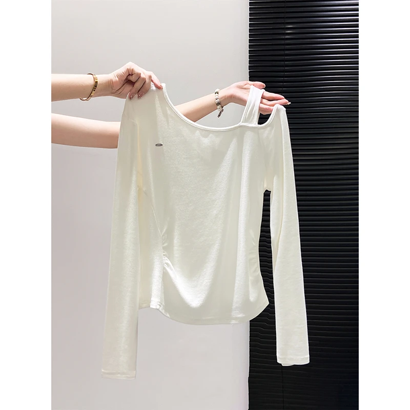 斜肩长袖t恤女2025早秋新款设计感小众修身收腰显瘦内搭打底上衣