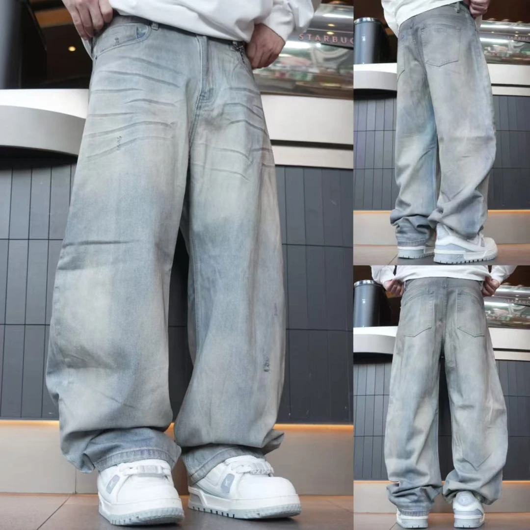 秋季新款复古重工水磨高腰阔腿直筒潮流做旧百搭超火休闲裤12758