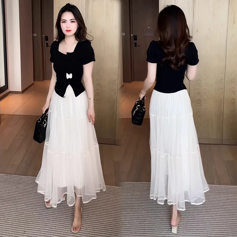 时尚套装裙女2025夏季新款时髦洋气短袖T恤半身网纱裙气质两件套