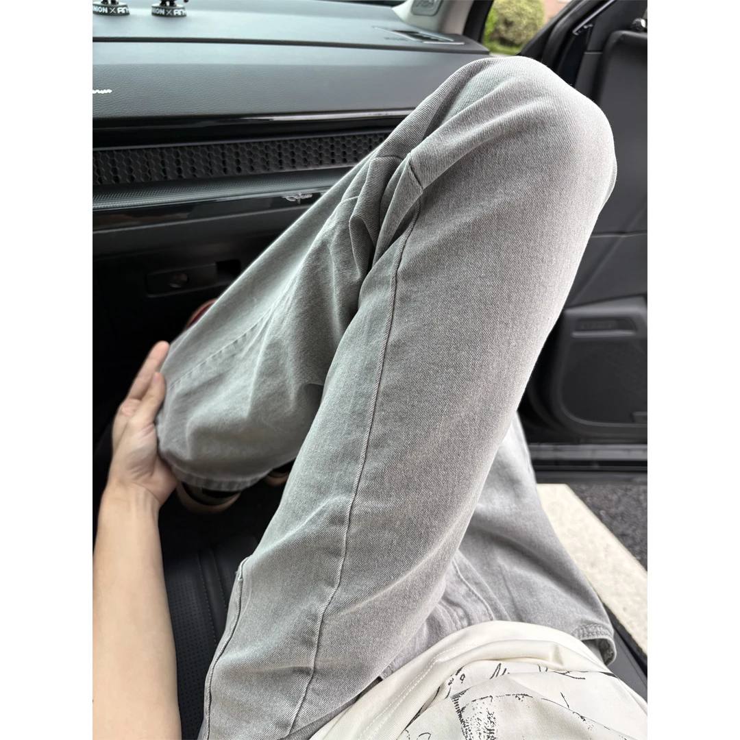 水洗烟灰色显瘦牛仔裤男潮美式cleanfit显腿长裤子直筒修身微喇裤