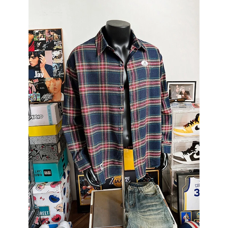美式复古vintage格子长袖衬衫男款春秋季大码学院风衬衣痞帅外套