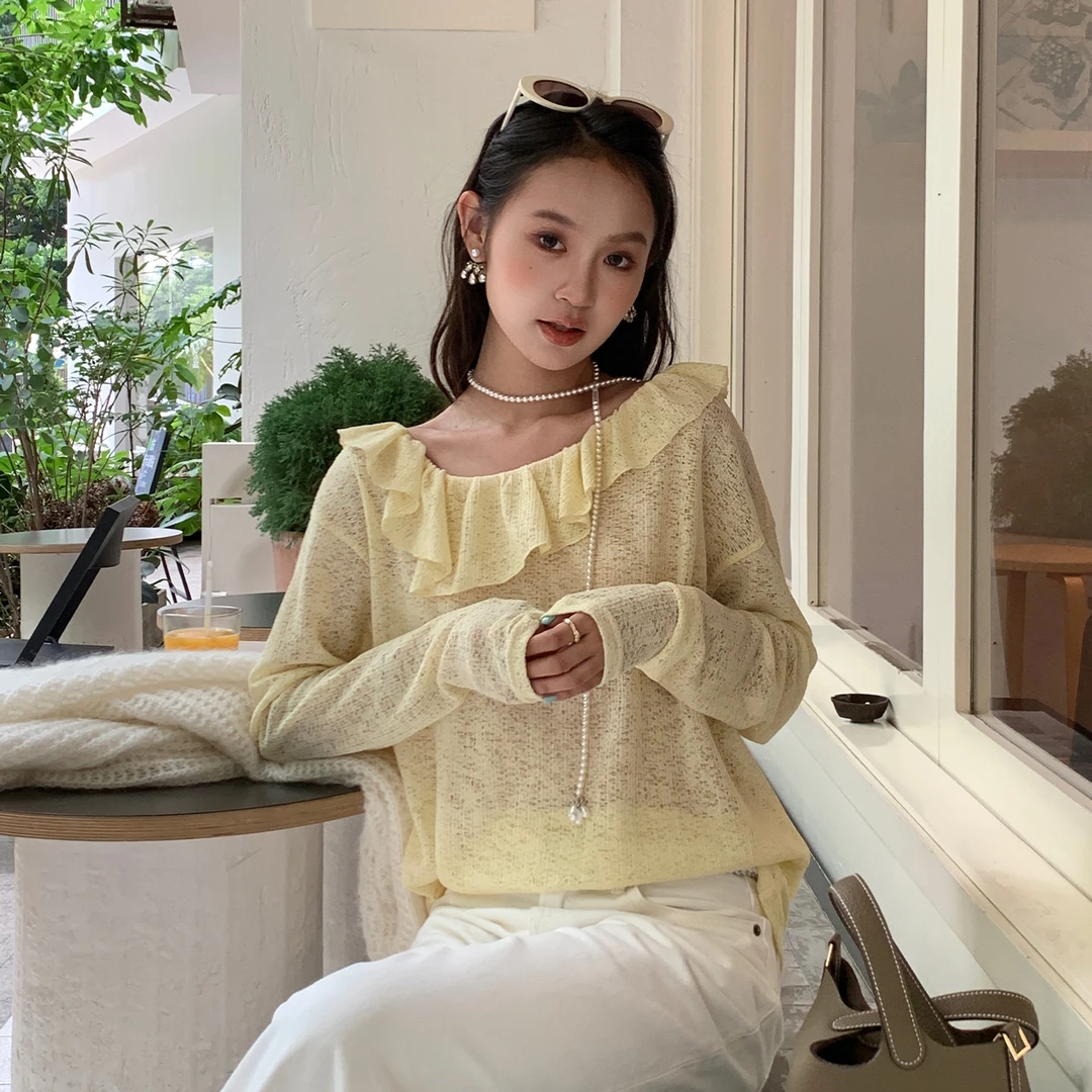 【桂馥兰香】RARE ZZ 时尚自然垂感花边长袖罩衫防晒T恤上衣