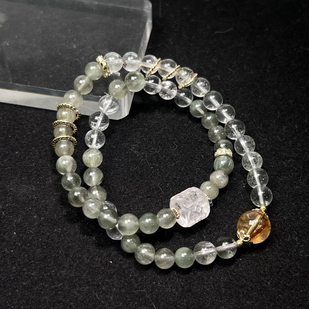 天然绿兔毛绿幽灵双圈卡7黄水晶白水晶卡10手链 KT24120661