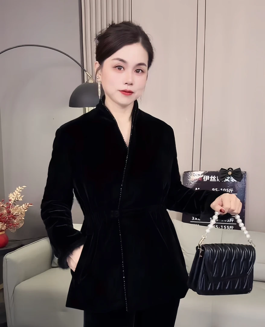 新款面膜丝绒大棉加厚时尚琉璃珠袖口水貂毛保暖棉服外套