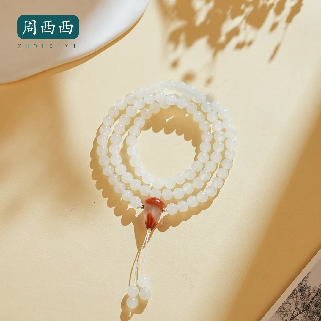 周西西精美18K白玉三圈南红三通手串6mm时尚百搭多样性发货20465