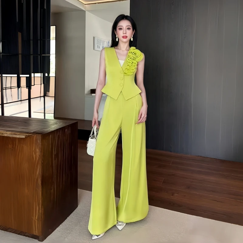 简约无袖西装套装立体订花显瘦气质轻奢西装马甲高腰垂感设计套装