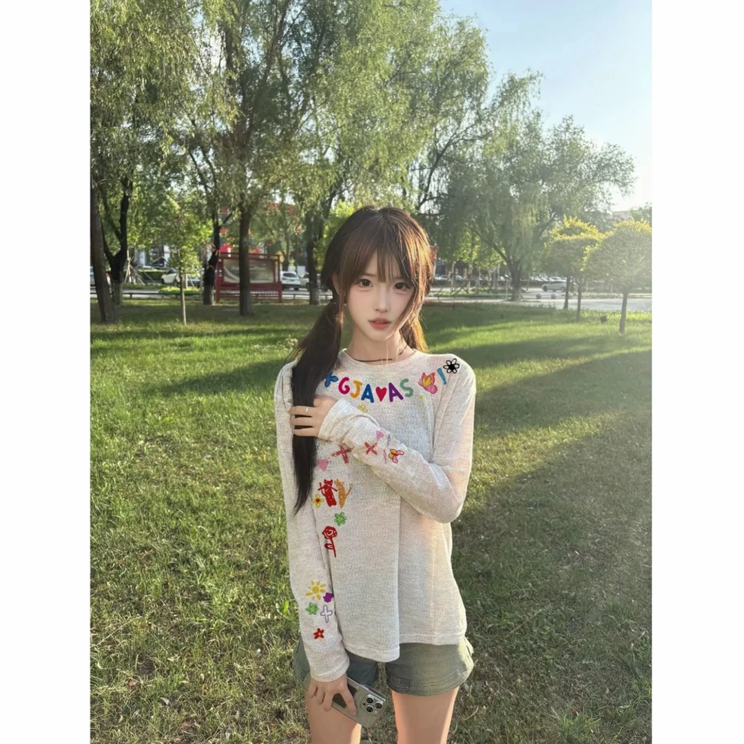 新款辣妹图案印花斜肩长袖T恤衫一字肩防晒罩衫上衣潮牌