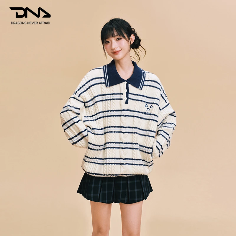 DNA官方 上衣毛衣条纹针织翻领长袖针织衫老钱风毛针织衫刺绣