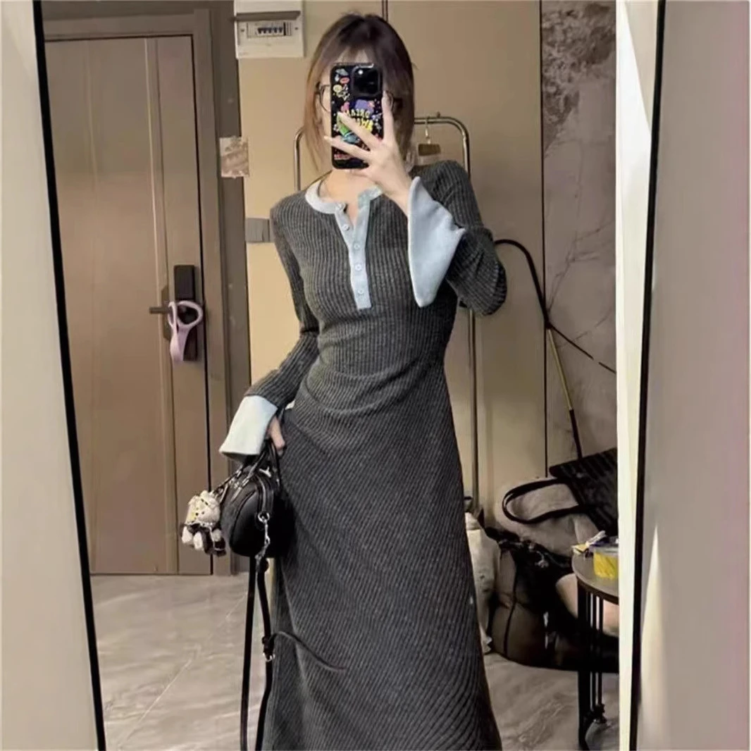 时尚衣橱~辣妹高腰拼接蓝色长排纽扣秋冬季纯欲风灰色长袖连衣裙