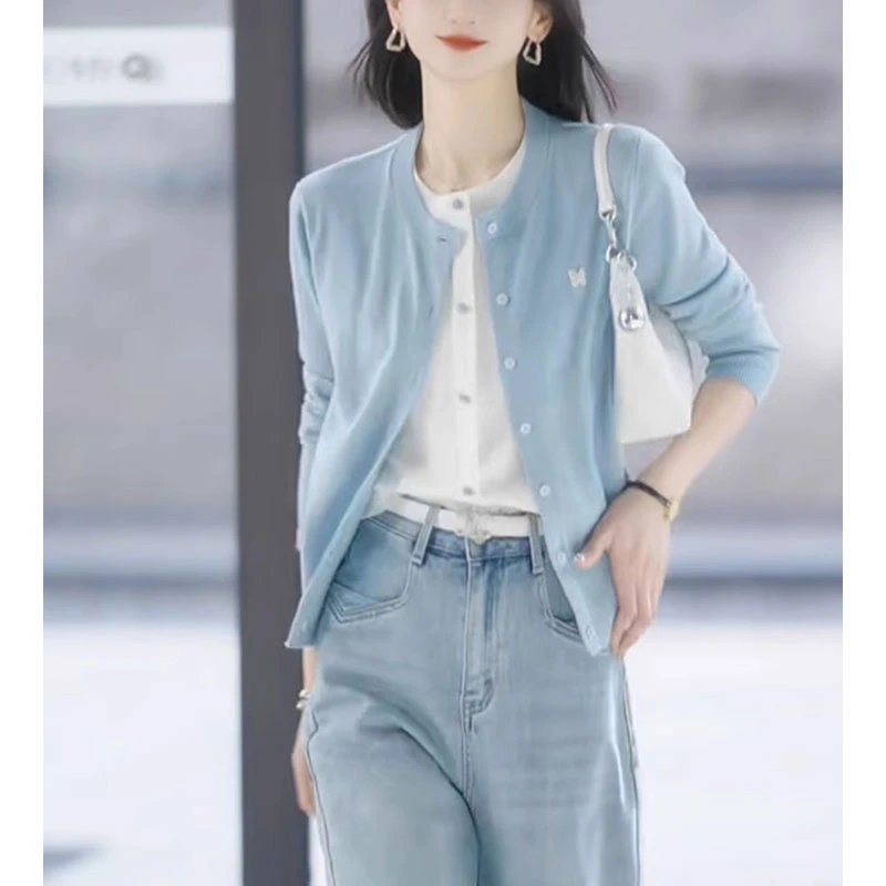 蓝色假两件气质针织开衫女春季新款撞色通勤洋气长袖百搭上衣潮