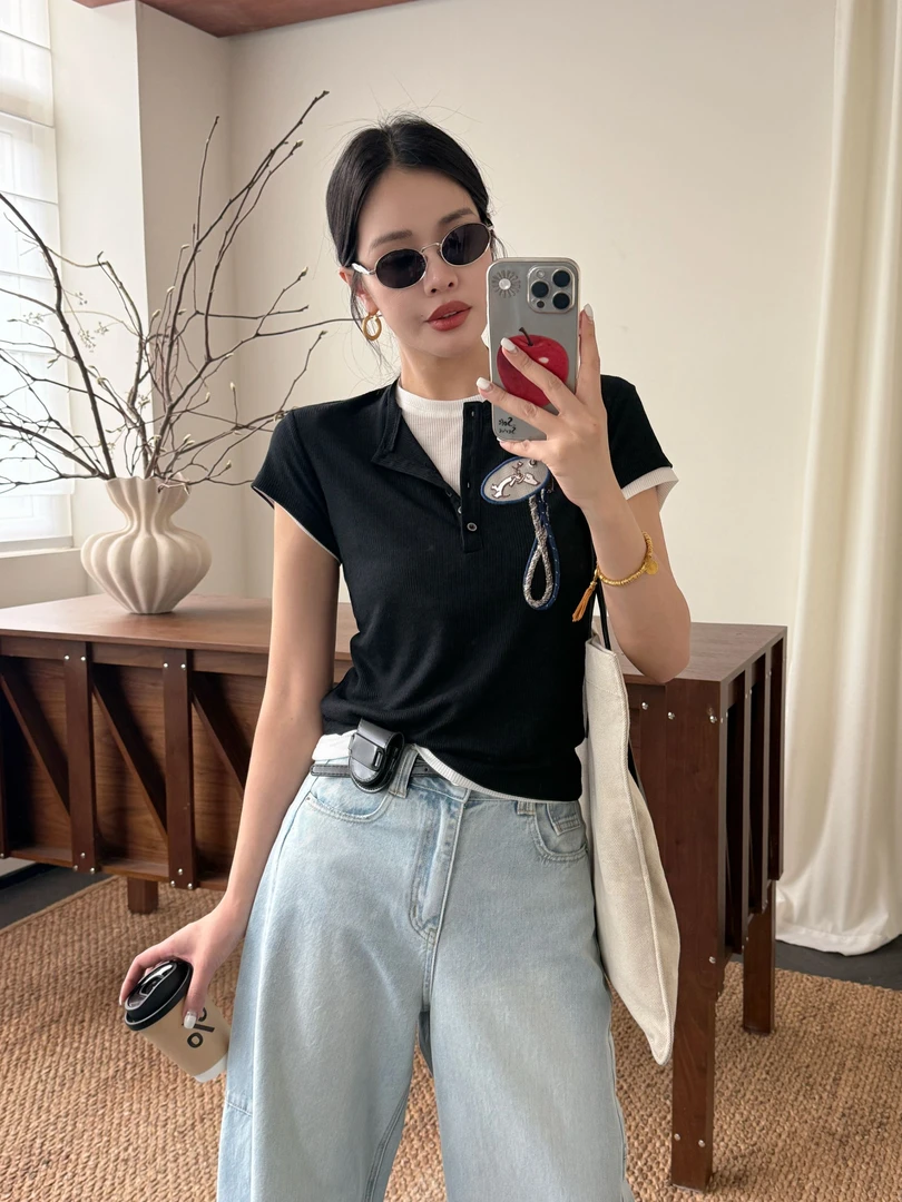 耶耶 YEYE |“亨利领”美式撞色假两件内搭修身短袖T恤女580768