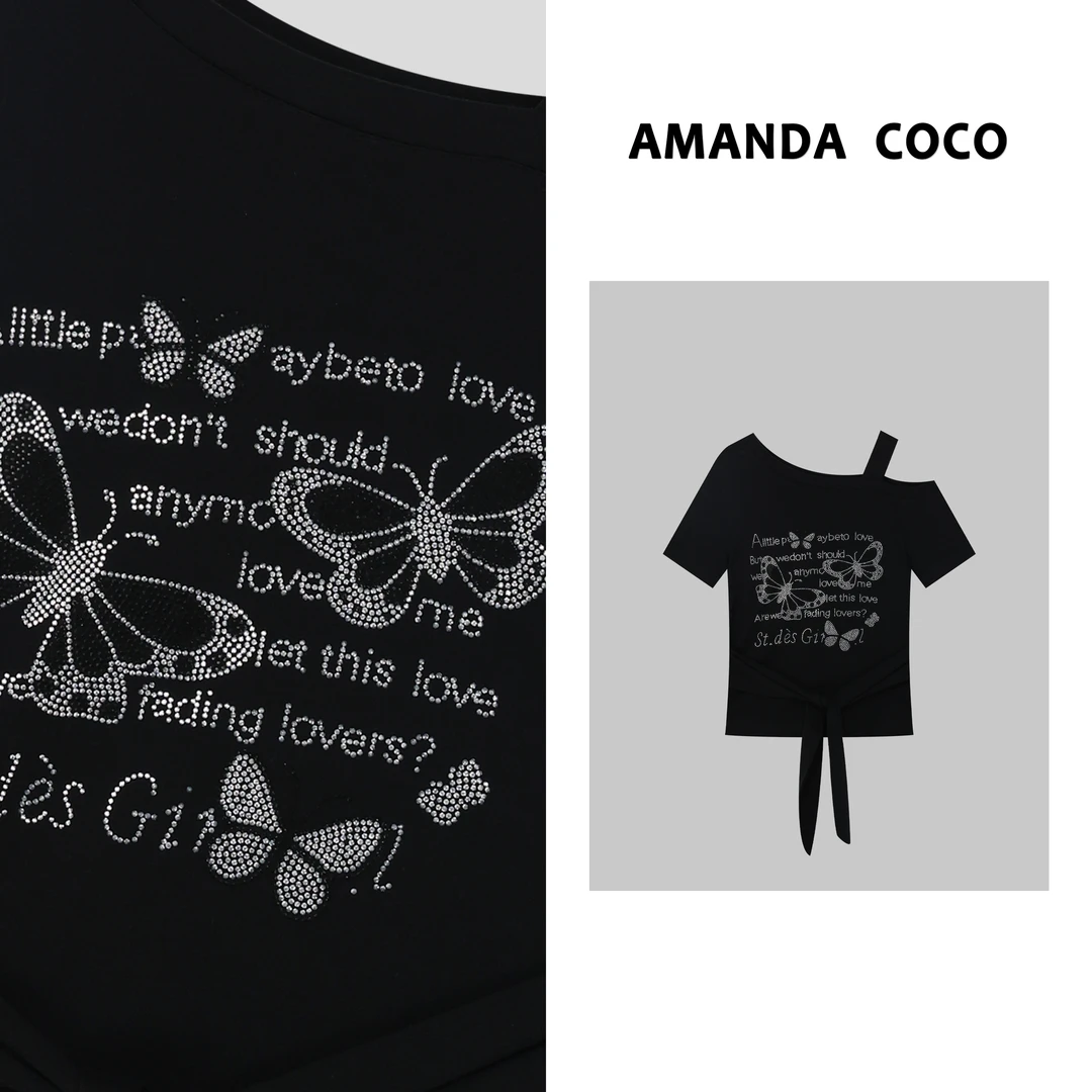 AMANDACOCO 静静 | 夏季烫钻蝴蝶设计感显瘦绑带露肩短袖T恤