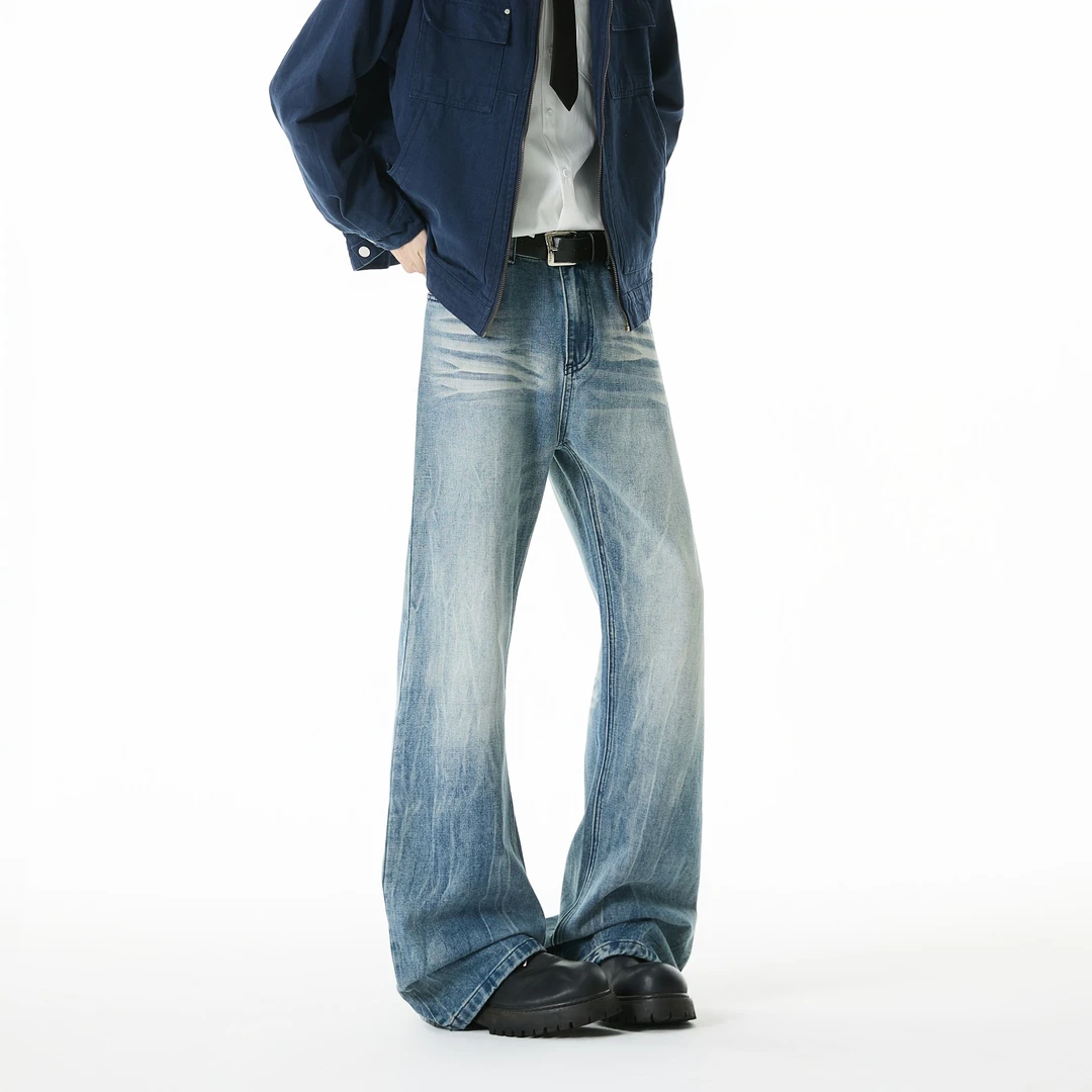 新款美式高街水洗裂纹设计感百搭微喇牛仔裤男女秋季休闲直筒长裤