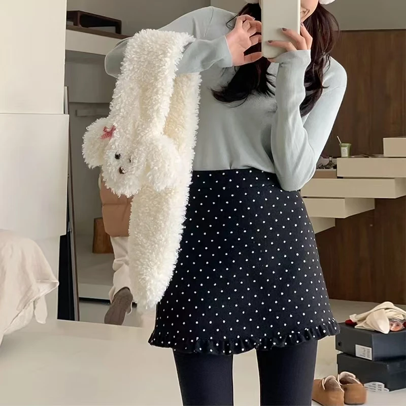 大码法式复古波点裙呢子半身裙女高腰气质小众花边毛呢包臀裙短裙