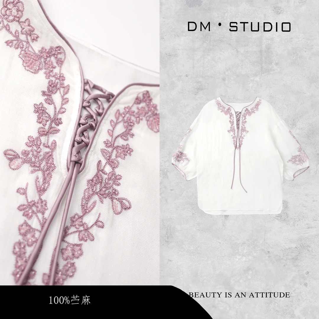 DEDM•STUDIO/小众气质复古100%苎麻刺绣长袖上衣2505CS/25S-1302