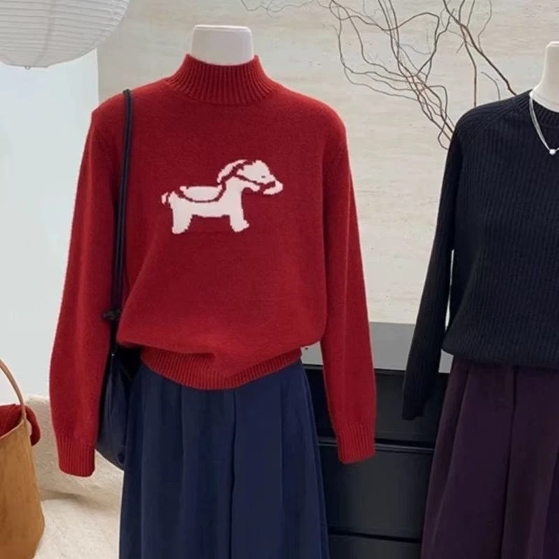大码高级感小马提花半高领红色针织衫女秋冬洋气减龄内搭打底毛衣
