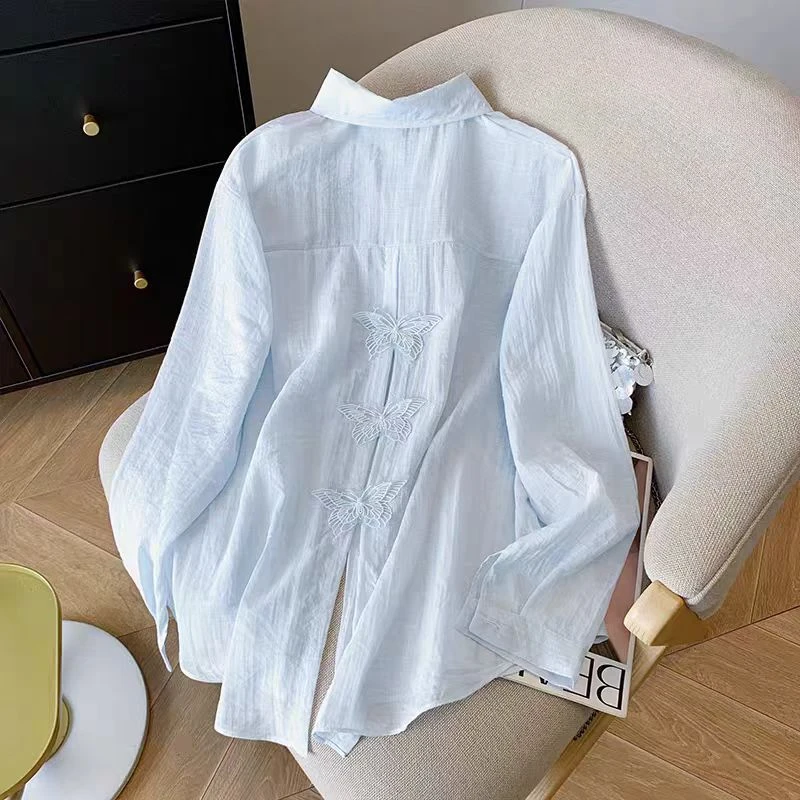 设计感后背蝴蝶拼接蕾丝长袖防晒衬衫外套女夏季宽松短款衬衣